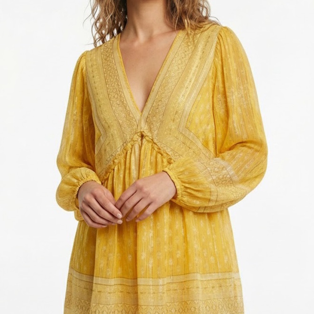 Rose + Olive Yellow Boho Peasant Tunic Top Size Large | Deep V-Neck Border Print